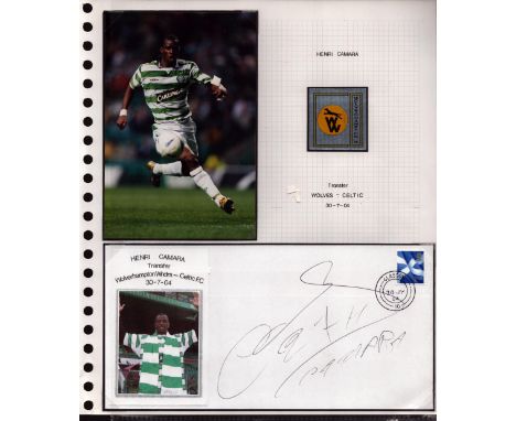 Football Celtic Henri Camara signed 2004 transfer Wolves cover display. Set on descriptive A4 page with corner mounts, so eas