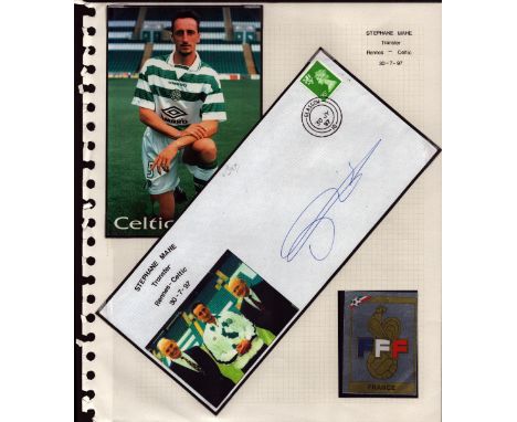 Football Celtic Stephane Maha signed 1997 Transfer from Rennes cover display. Set on descriptive A4 page with corner mounts, 