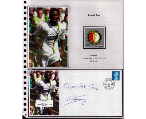 Football Celtic Evander Sno signed 2006 transfer from Feyenoord cover display. Set on descriptive A4 page with corner mounts,