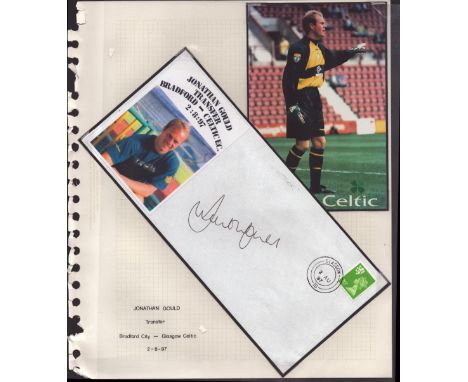 Football Celtic Johnathan Gould signed 1997 transfer Bradford City cover display. Set on descriptive A4 page with corner moun