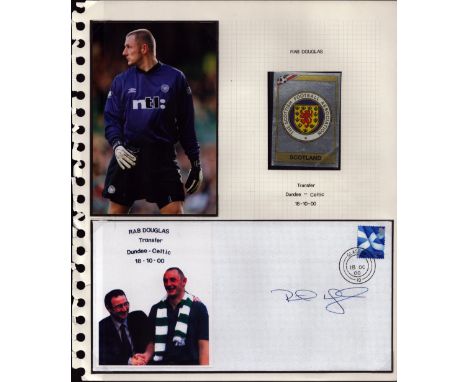 Football Celtic Rab Douglas 2000 signed transfer Dundee cover display. Set on descriptive A4 page with corner mounts, so easi