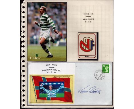 Football Celtic Vidar Riseth signed 1998 transfer Rosenberg cover display. Set on descriptive A4 page with corner mounts, so 