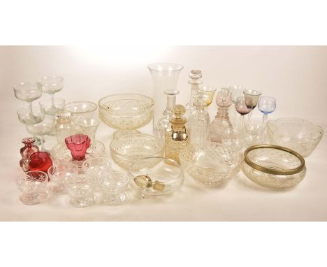 A collection of glasswareTo include a facet cut bottle shaped decanter with mushroom stopper, a whiskey decanter complete wit