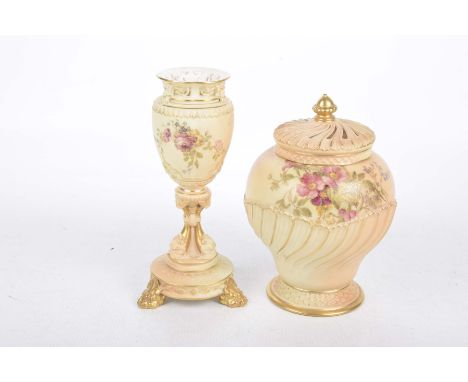 A Royal Worcester blush ivory Pot Pouri vase and a second vaseThe pot pouri vase with a gilt finial above a spirally reticula