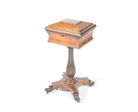 A William IV rosewood pedestal sewing tableThe hinged caddy top enclosing a vacant interior and raised on a lobed baluster sh