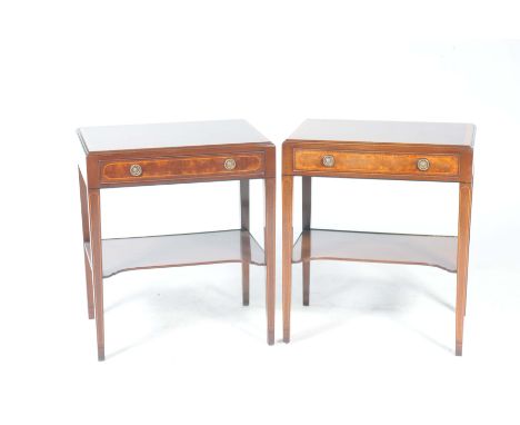 A pair of Georgian style mahogany side tables by Arthur Brett & SonsEach with a rectangular crossbanded top above a single fr