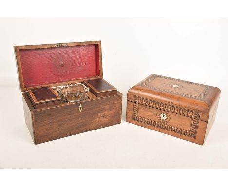 A 19th Century mahogany tea caddy and a 19th Century walnut sewing boxThe tea caddy with a glass mixing bowl and two lidded c