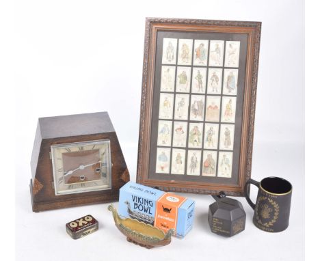 Assorted collectable itemsTo include an early 20th Century three train oak mantel clock, a framed collection of Player cigare