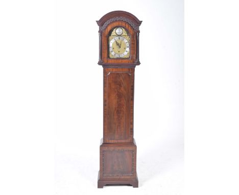 A Georgian style mahogany longcase clock, early 20th Century With a domed pediment above a blind fretwork frieze, the hood wi