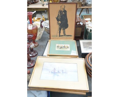 Nine various pictures and prints To include a water colour masted vessel, unsigned, various poultry coloured prints, and Wins