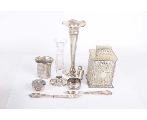 A silver posey vaseOf tapered form with a wavy rim, loaded, Birmingham 1900, height 19.5cm, together with, a silver plated te
