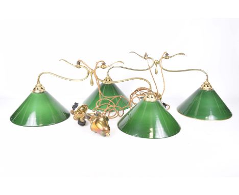 A pair of early 20th Century rise and fall snooker/billiard lightsEach light with green and milk glass cone shaped glass shad