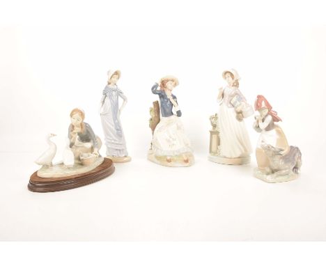 A Lladro figure of a young girl with two ducksAlong with a Lladro figure of a young girl beside a dog, a Nao figure of a youn