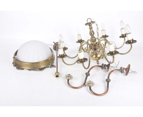 Five assorted light fittingsTo include an eight branch chandelier with scroll arms, a pair of early 20th Century wall mounted