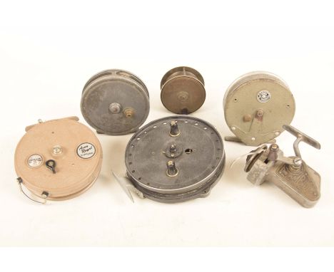 Six assorted fishing reelsTo include an Avon Royal Supreme, Trudex by JW Young & Sons, a Strikeright, a vintage brass reel an