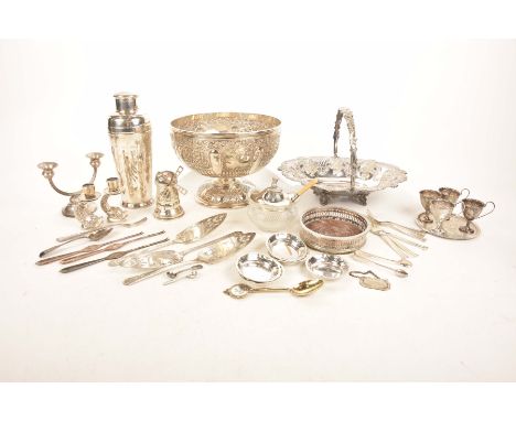 A quantity of silver plated wareTo include a Victorian embossed swing handled cake basket, an EPBN foliate embossed and lobed