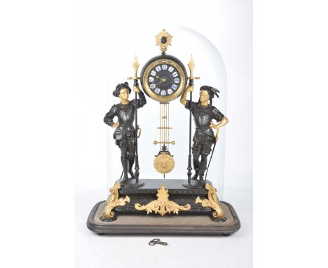 A French Victorian Spelter figural mantel clockThe spherical clock with enamelled Roman numerals and a two train movement sup