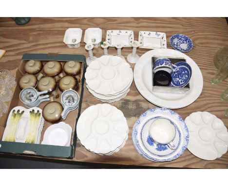 A quantity of table waresTo include stoneware pots and covers, oyster plates, Adams landscape blue and white breakfast cup an