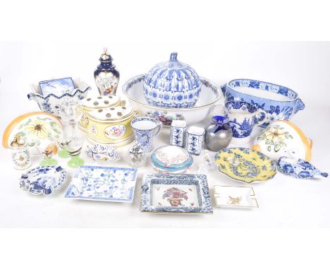 A collection of blue and white and other decorative ceramicsTo include a pair of porcelaineous half moon vases decorated with