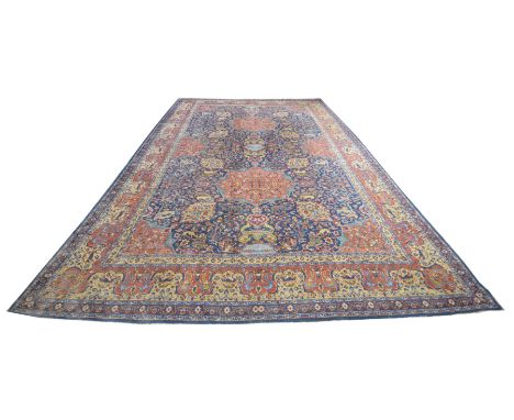 A good quality Tabriz hunting rug on a mainly blue ground, circa 1900Central panel with multiple medallion decoration, decora