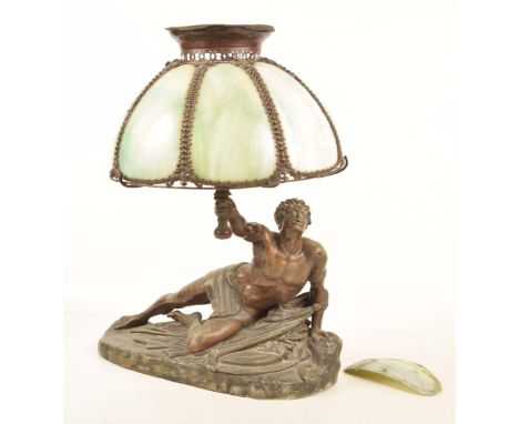 A late 19th early 20th Century bronzed Spelter figural table lampModelled as a male classical figure reclining "Soldat Sparti