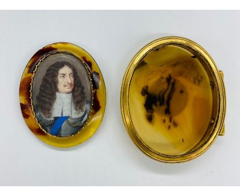 A Mid 17th Century miniature depicting a gentleman in armour with white ruff and blue sash in tortoiseshell surround, probabl