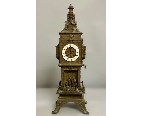 A cast metal mantle clock in the form of a clock tower, French or Flemish AF 52cm H x 15cm