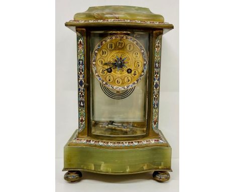 A French eight day onyx and cloisonné mantle clock with mercury movement for Hamilton in Edinburgh