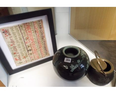 Chinese green glazed vase, Jasper ware biscuit barrel and a sampler 