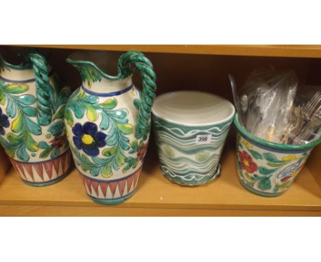 Decorative Italian pottery jugs, jardinere's, silver plated cutlery, Poole Pottery jardinere etc