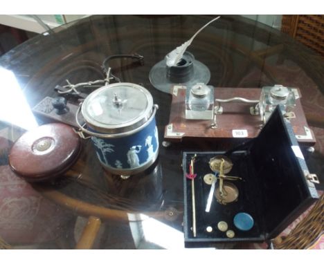 An old measuring tape, set of scales, Wedgwood biscuit barrel, inkwells etc 