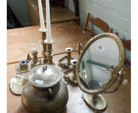 Two pairs of brass candlesticks, a brass lamp, brass pot, brass mirror etc