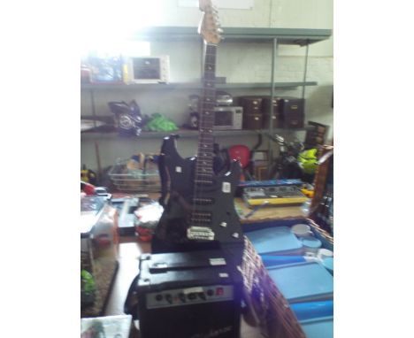 A black Squire Show Master electric guitar with Fly House amplifier, cables etc   