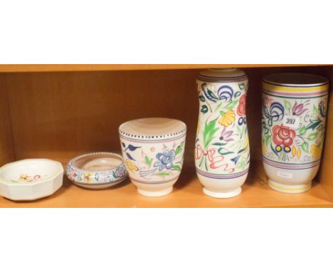 Poole Pottery cockerill decorated peanut shaped vase and 4 other pieces of traditional floral Poole Pottery 