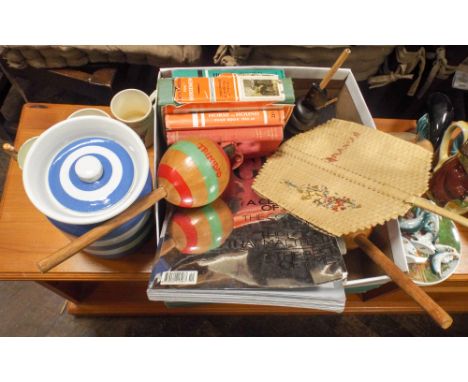 Hanging brass lantern, stoneware jar, Poole Pottery Dolphins, books, Cornish ware kitchen jar etc
