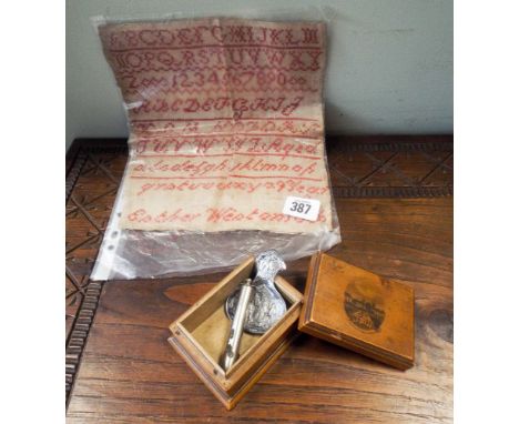 A late Victorian sampler, plated caddy spoon, a vintage pulse egg timer and a Mockling ware box 