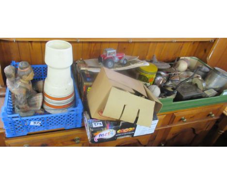 A collection of sundries including biscuit tins, metal ware, Britains model tractor etc&nbsp;
