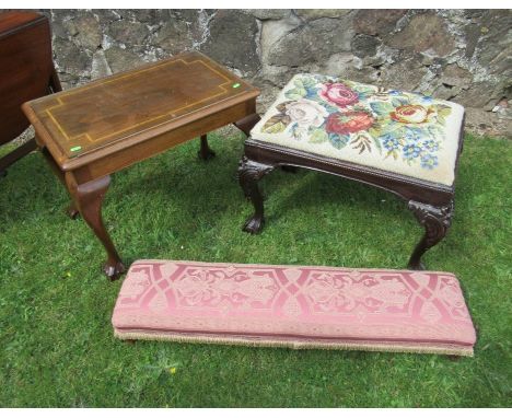 A Chippendale style stool, with tapestry seat, a long foot stool and a glass topped coffee table