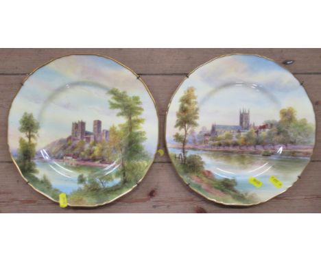 Two Royal Worcester cathedral cabinet plates, decorated with Worcester and Durham cathedral