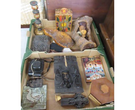 Two boxes of sundries including carvings, metal ware, table lamp etc&nbsp;