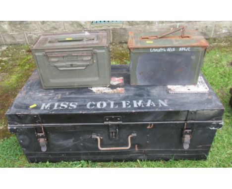 A tin trunk, together with two ammunition boxes