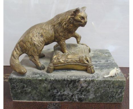 &nbsp;Mouray, a gilt metal model of a cat on a cushion, with mouse, on a marble base, height 3.5ins