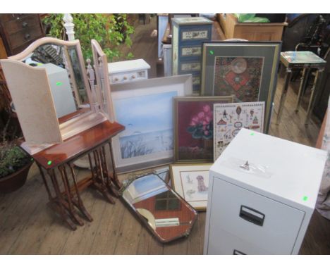 A collection of furniture, pictures etc, to include a painted narrow cupboard, a Lloyd Loom ottoman, a modern filing cabinet,
