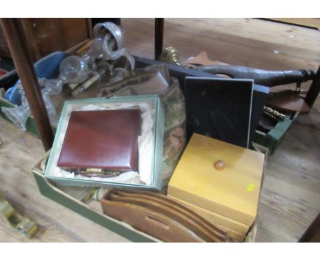 Three boxes of assorted sundries to include metalware, light fittings, tapestry etc&nbsp;