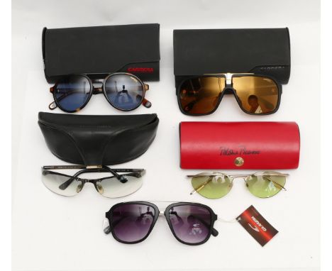 Five pairs of designer sunglasses, to include, a pair of Carrera frames, serial no. SX7KU 53 20 145 V, cased, a pair of Palsh