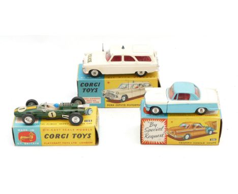 Corgi Toys; comprising Ford Zephyr Motorway Patrol car, number 419, boxed, a Triumph Herald Coupe number 231, boxed, and a Lo