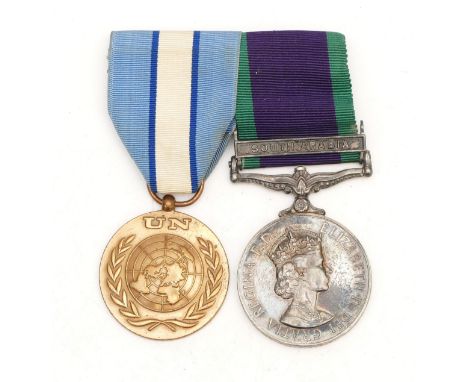 Mounted ERII medal pair, including the U.N Service Of Peace and the South Arabia medal, awarded to 23417542 PTE. J. Evans RAM