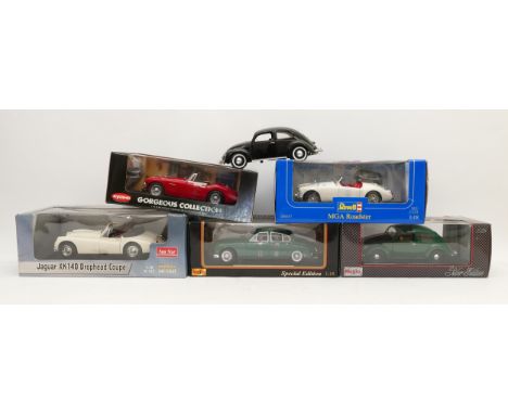 Diecast model cars, comprising five boxed 1:18 scale models, to include a Sun Star Jaguar XK140 coupe, a Revell MGA roadster,