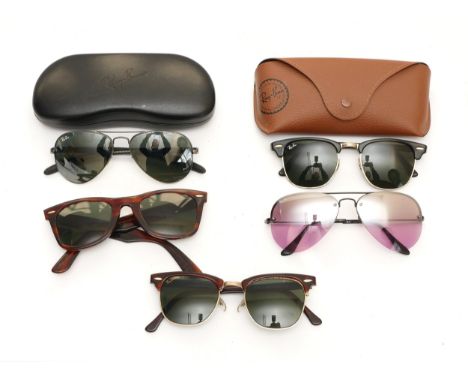 Five pairs of Ray-Ban sunglasses, to include, a pair of Clubmasters, serial no. RB 3016 WO365 49 21 140 3N, cased, a pair of 