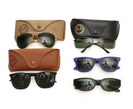 Five pairs of Ray-Ban sunglasses, to include, a pair of Aviators, no. 38 14, cased, a pair of square frames, serial no. RB 43